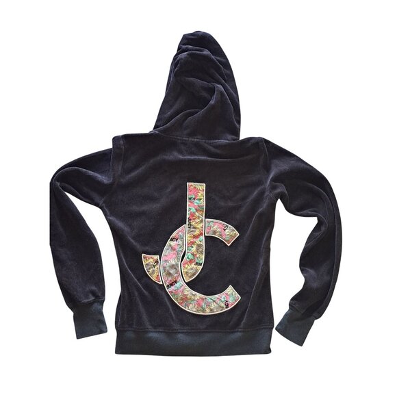 Juicy Couture Tops - Y2K Juicy Couture Black Velour Hoodie Sunflower Embroidered Logo Womens Size XS